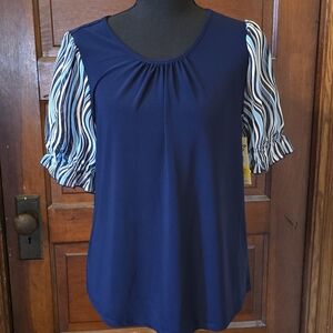 PerSeption Concept Navy Top with Striped Puff Sleeves